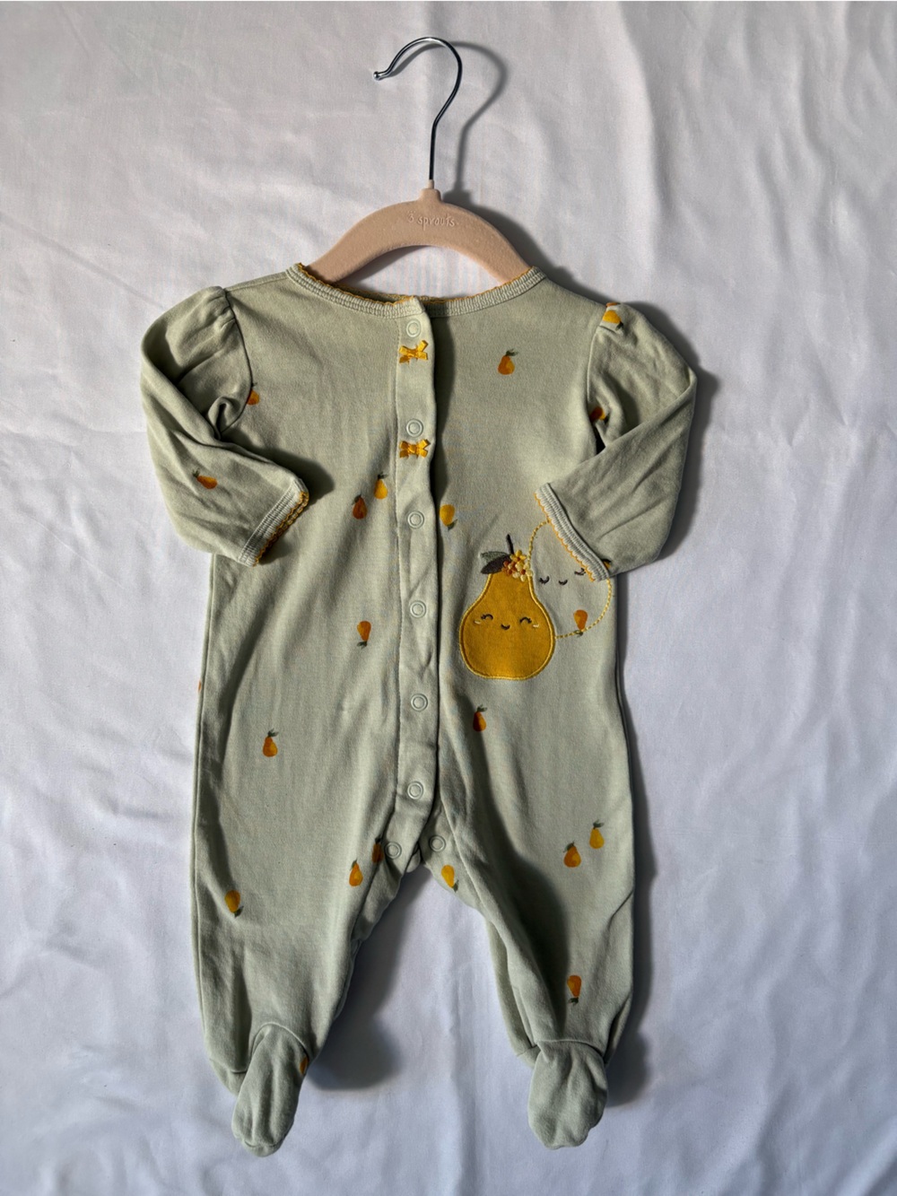 🌸 Baby girl Organic Cotton Pear Print One-Piece - Sage Green